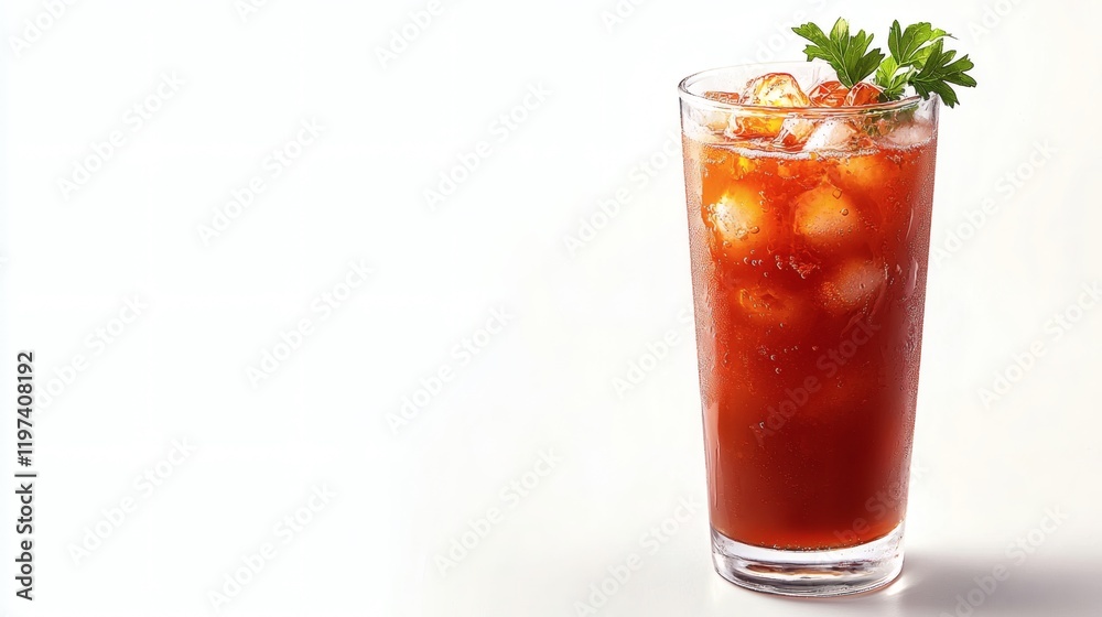 Poster isolated on white background a tall glass of fresh tomato juice with a garnish of parsley stock phot