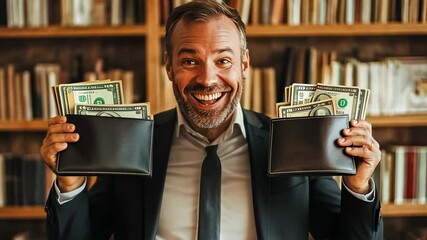 Middle-aged Caucasian man smiling cash.Businessman displays wealth library.Joyous entrepreneur financial peak.showcased,ample knowledge background.Midday celebration private.success amid books.