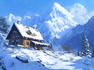 Snowy Mountain Cabin: A Serene Winter Landscape Painting