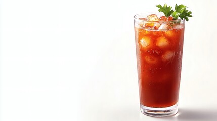 Isolated on white background a tall glass of fresh tomato juice with a garnish of parsley Stock Photo with side copy space