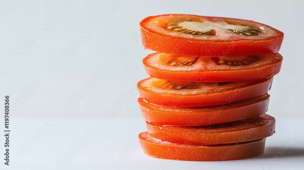 Poster Isolated on white background a stack of tomato slices creating a visually appealing gradient effect Stock Photo with side copy space