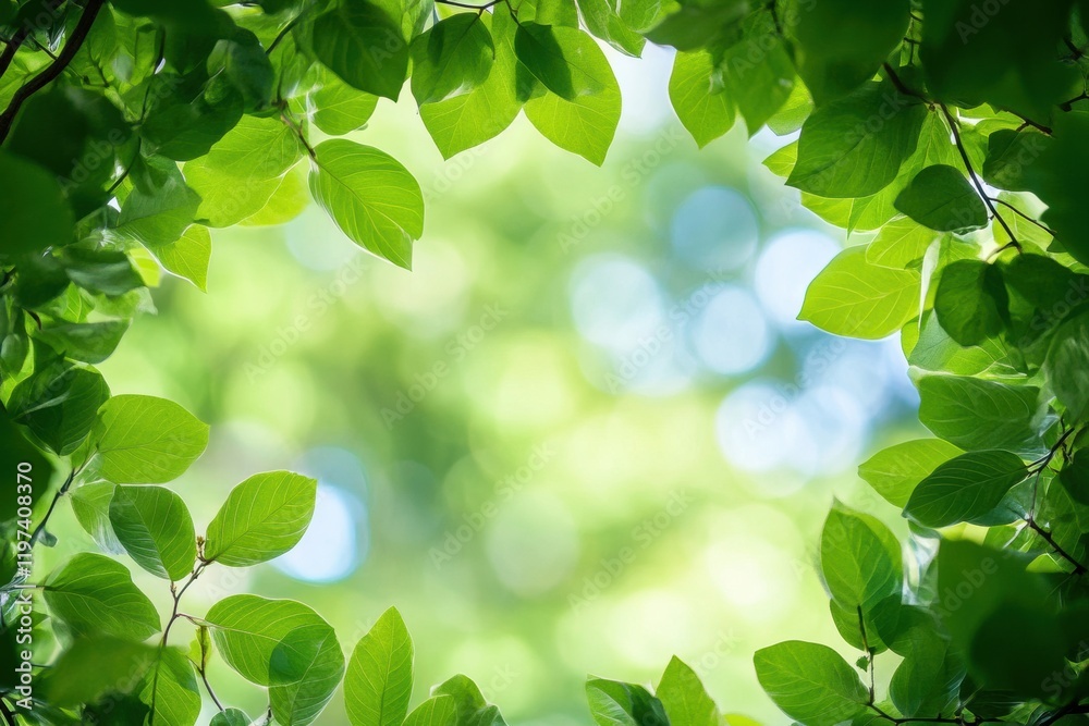 Poster Natural green frame created by leaves with a blurred background for text placement in bright daylight. Generative AI