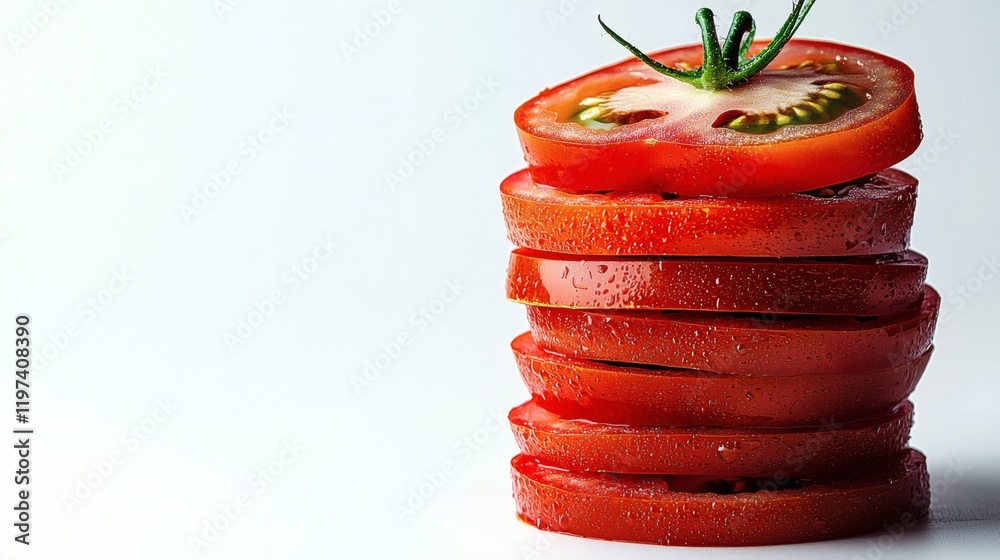Aufkleber Isolated on white background a stack of tomato slices creating a visually appealing gradient effect Stock Photo with side copy space