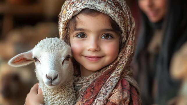 A young child in traditional Eid al-Adha clothes holding a small lamb, with family members around. 125