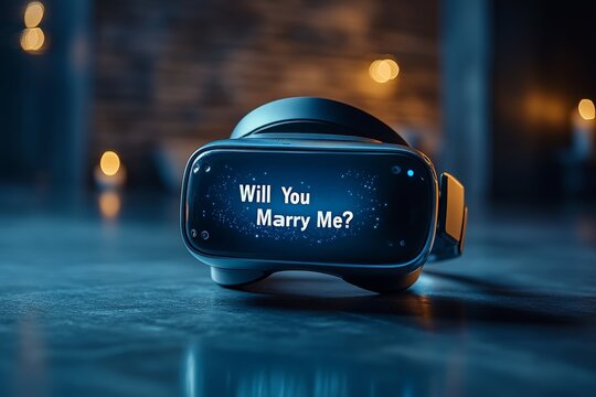 A VR headset with the text "Will you marry me?" displayed, set in a romantic, dimly lit background.