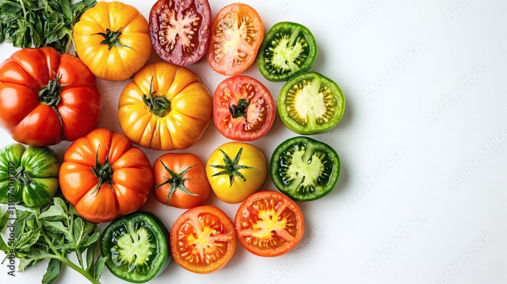 Aufkleber Isolated on white background tomatoes arranged in a circle symbolizing simplicity and natural balance Stock Photo with side copy space