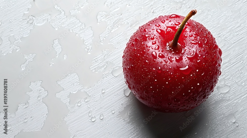 Poster isolated on white background a single cherry tomato with water droplets emphasizing freshness stock 