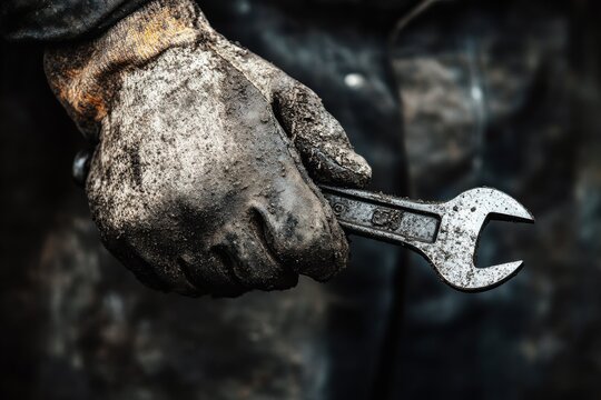 close-up of a worker’s greasy and dirty hand holding a wrench, hard work, industrial labor and mechanical repair
