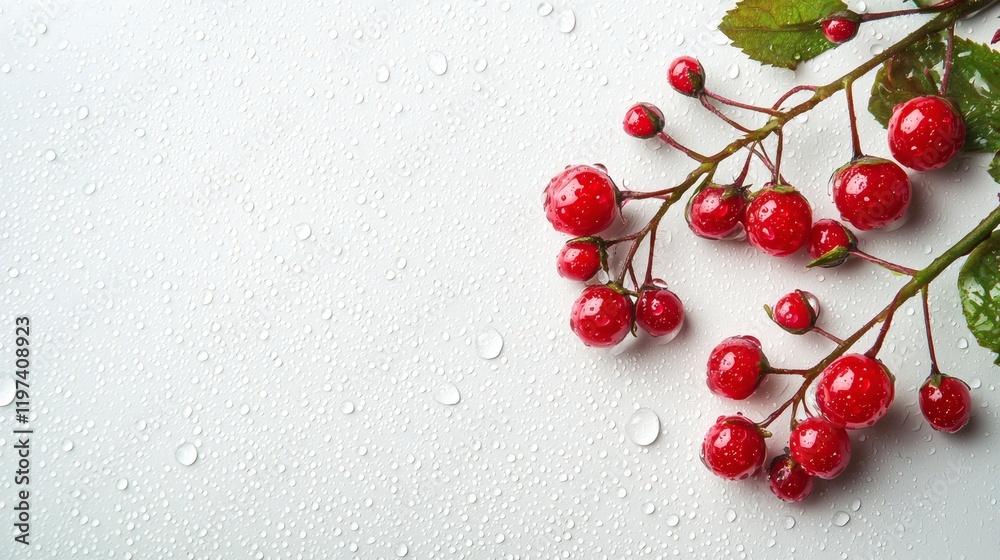 Poster isolated on white background a single cherry tomato with water droplets emphasizing freshness stock 