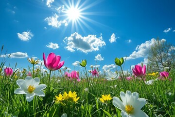 Fototapeta premium Bright sunny day with blooming daisies in a green field under a blue sky filled with clouds