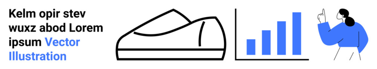 Athletic shoe, bar chart with four blue bars, and a person in blue pointing upward. Ideal for sports analytics, trend visualization, business growth, footwear industry, market research