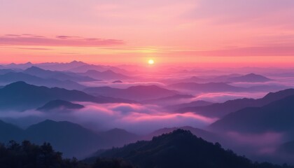 Obraz premium Breathtaking pink and purple sunrise over misty mountain landscape