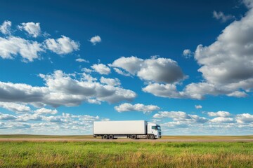 Fototapeta premium A large white semi truck is driving along a road adjacent to a vast field