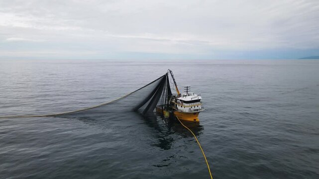 A bird's eye view of a large fishing vessel retrieving its nets. 