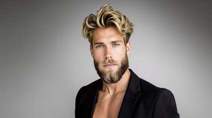 Obraz premium Sexy model with stylish hair and beard. Man with long beard and mustache on serious face. Handsome male model with beard, mustache and trendy hairdo. Beard and mustache haircut. Bearded man.