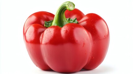 Isolated on white background a single vibrant red bell pepper with a glossy surface and green stem Stock Photo with side copy space