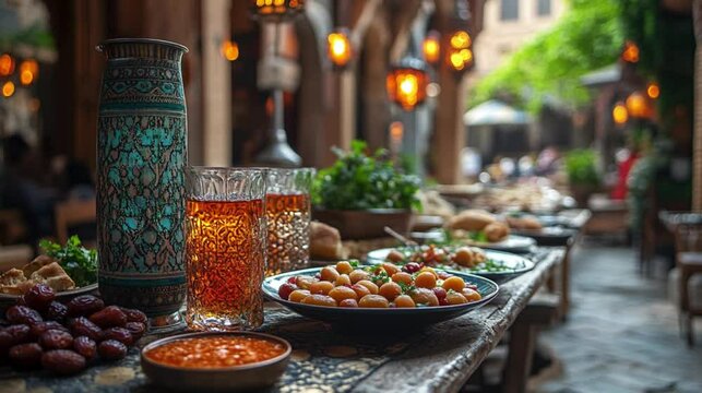 A beautifully set Ramadan table filled with dates, water, soup, and traditional dishes ready for Iftar. 205