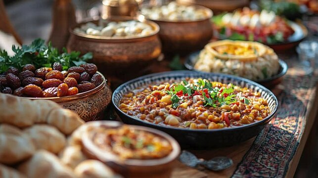 A beautifully set Ramadan table filled with dates, water, soup, and traditional dishes ready for Iftar. 206