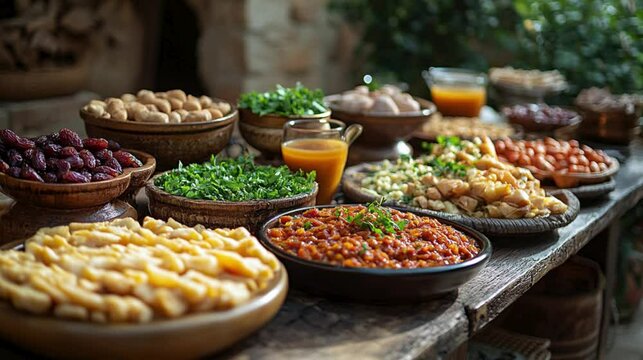 A beautifully set Ramadan table filled with dates, water, soup, and traditional dishes ready for Iftar. 208