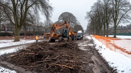 Fototapeta premium Articulated dump truck operates amidst heavy machinery and workers during land development in the UK countryside with muddy terrain