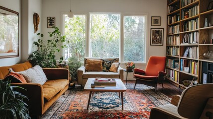 A cozy living room with a vintage rug, comfortable seating, and a bookshelf filled with decorative items.