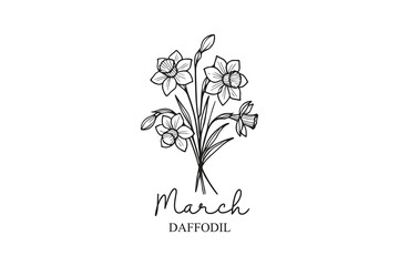 March Birth Month Flowers Line Art