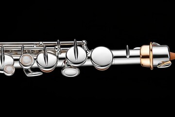 Elegant Silver Flute with Golden Accents on a Black Background, Showcasing the Intricate Keys and Design for Music Lovers and Instrument Enthusiasts