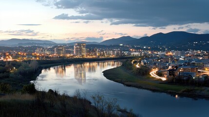 Fototapeta premium Serene City Skyline Reflected in Calm River at Dusk with Muted Colors and Urban Landscape