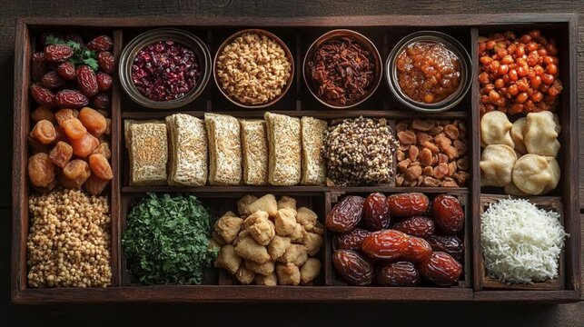 A beautifully arranged Ramadan gift box with dates, Arabic sweets, and other traditional items. 261