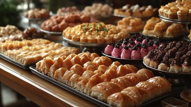 A close-up of an array of traditional Ramadan desserts like kunafa, baklava, and qatayef on a table. 287