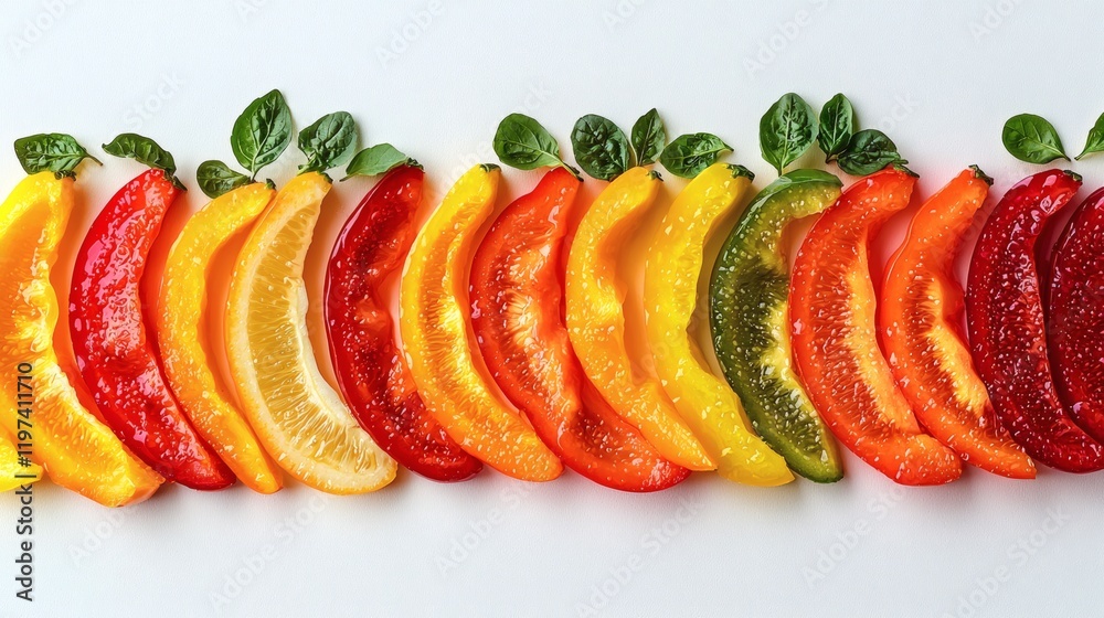 Poster Isolated on white background bell pepper slices arranged in a fan-like pattern showcasing vivid colors Stock Photo with side copy space