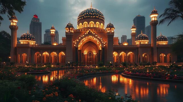 A beautifully decorated mosque illuminated with lights and flowers, celebrating Mawlid al-Nabi. 301