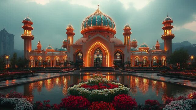 A beautifully decorated mosque illuminated with lights and flowers, celebrating Mawlid al-Nabi. 302