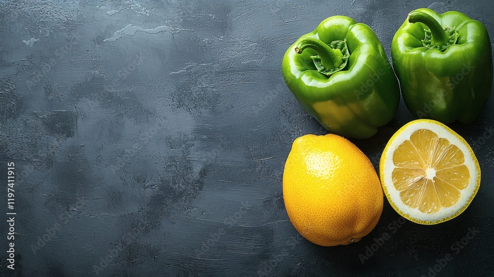 Poster isolated on white background a green bell pepper next to a halved one highlighting contrasting textu