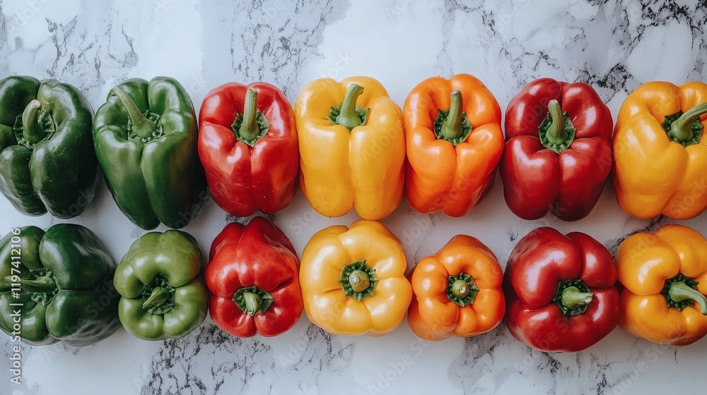 Poster Isolated on white background a variety of bell peppers positioned side by side emphasizing diversity Stock Photo with side copy space