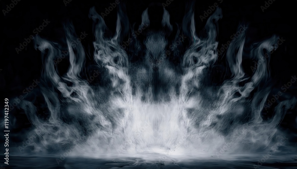 Poster ethereal swirling mist on dark background, creating a haunting and surreal atmosphere for designs, f
