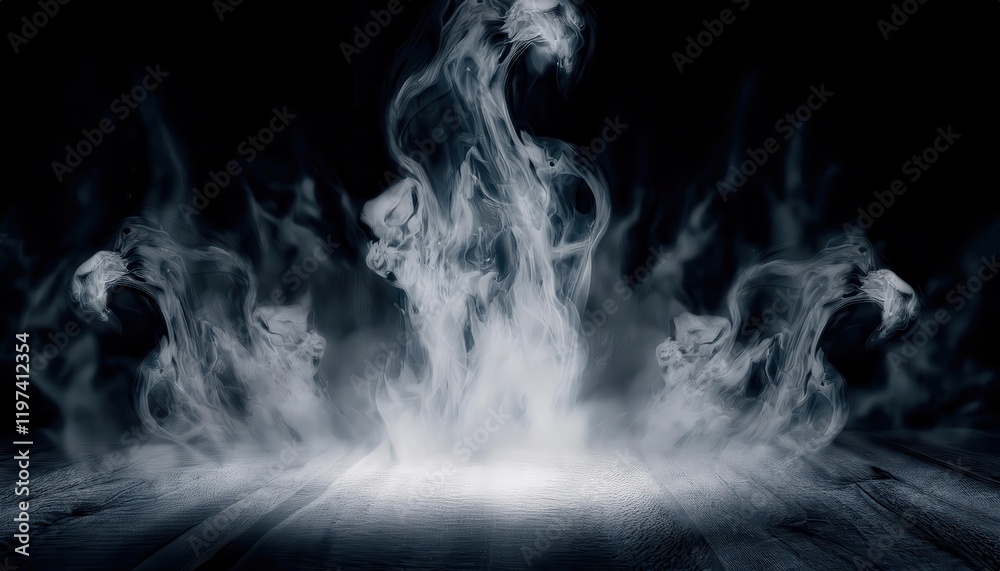 Poster ethereal swirling mist on dark background, creating a haunting and surreal atmosphere for designs, f