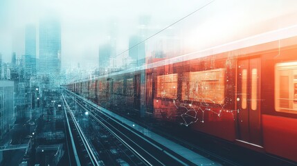 Fototapeta premium A creative double exposure of a train silhouette blended with an urban skyline and global network imagery.