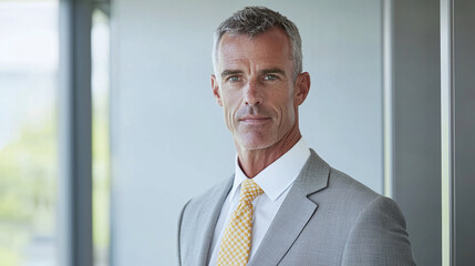 Fototapeta premium formal businessman in modern suit with confident expression, standing in contemporary office environment. His gray hair and yellow tie add touch of sophistication