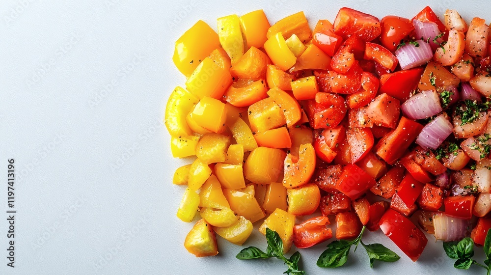 Poster Isolated on white background a colorful mix of diced bell peppers ready for culinary use Stock Photo with side copy space
