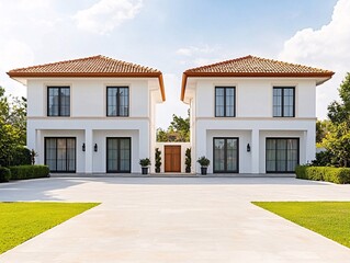 Modern Twin Villas with Terracotta Roofs and Landscaped Gardens.