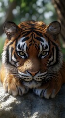 Fototapeta premium Majestic Tiger Resting on Rock Serene Forest Setting
