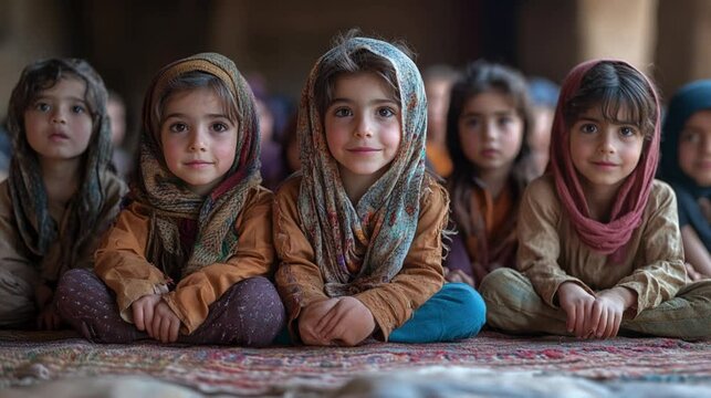 A group of children in a school, learning about the life and teachings of Prophet Muhammad during a Mawlid al-Nabi lesson. 378