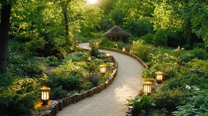 Naklejka premium Serene Garden Path Surrounded by Muted Plants and Gentle Light in Natural Setting