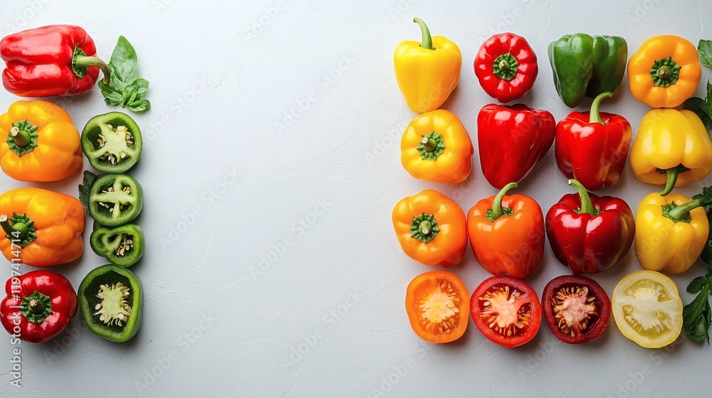 Poster Isolated on white background a composition of bell peppers in various states including whole sliced and halved Stock Photo with side copy space