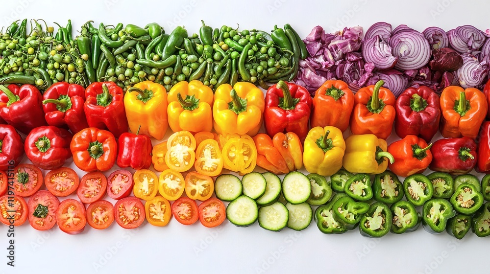 Poster Isolated on white background a composition of bell peppers in various states including whole sliced and halved Stock Photo with side copy space