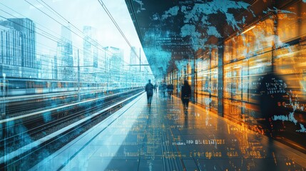 A double exposure image of a modern train station blending with a global map, symbolizing international connections.