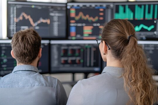 Stock Market Analysts Reviewing Data on Multiple Monitors