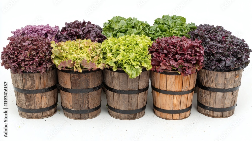 Poster isolated on white background a collection of fresh lettuce heads arranged neatly in a wooden basket 
