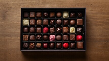 A beautiful top view of a gift box filled with gourmet pralines and chocolates, set on a rustic wooden background for a classic touch.